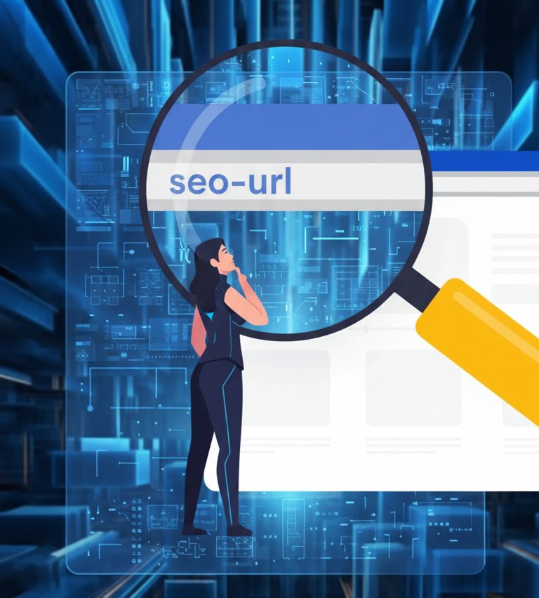 畫面呈現乾淨的網頁瀏覽器介面，網址列顯示「seo-url」，象徵SEO網址命名與搜尋引擎優化。